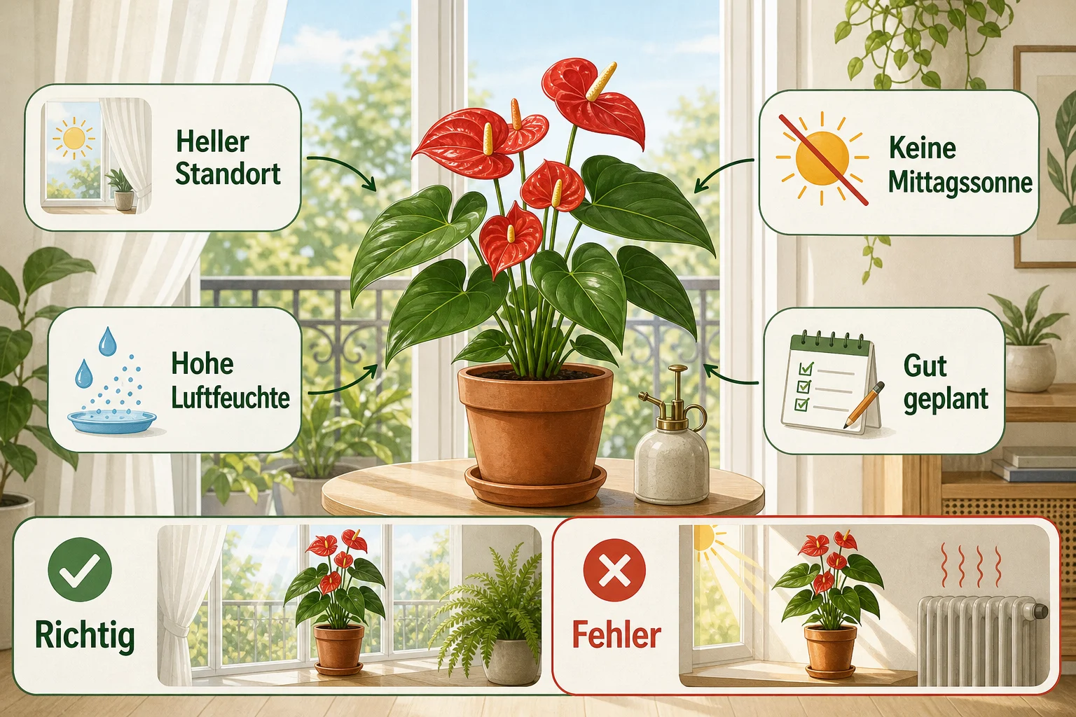 Infografik: Voraussetzungen, Standort und richtige Planung - Anthurie Pflege Blüte Standort: Anleitung, Tipps und häufige Fehler