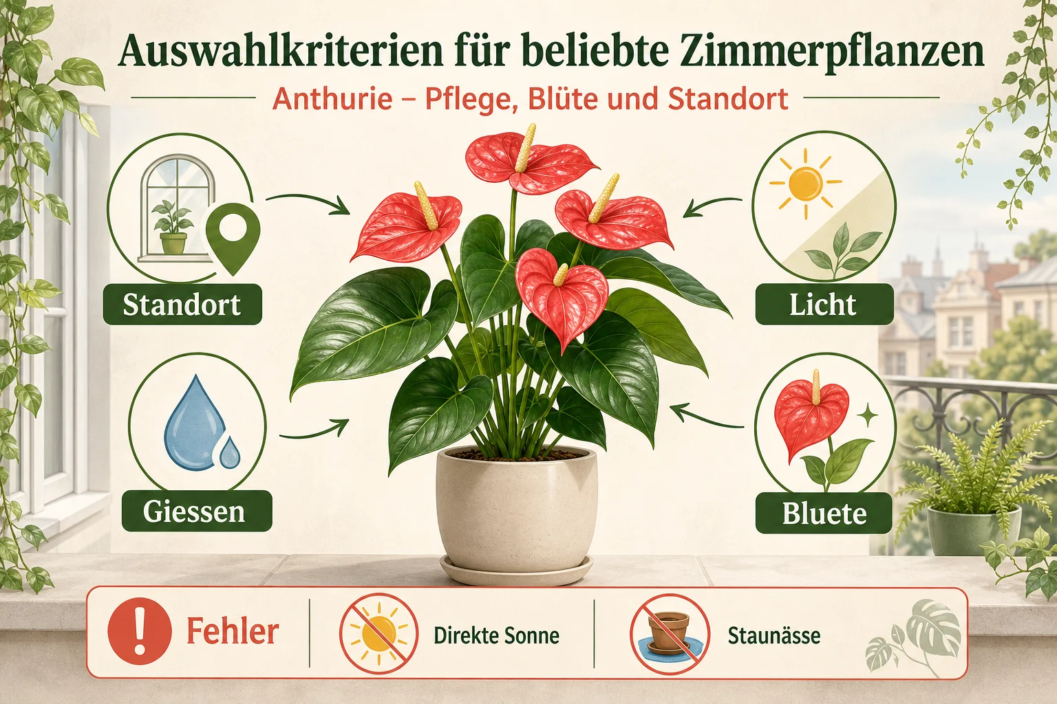 Infografik: Auswahlkriterien für Beliebte Zimmerpflanzen - Anthurie Pflege Blüte Standort: Anleitung, Tipps und häufige Fehler