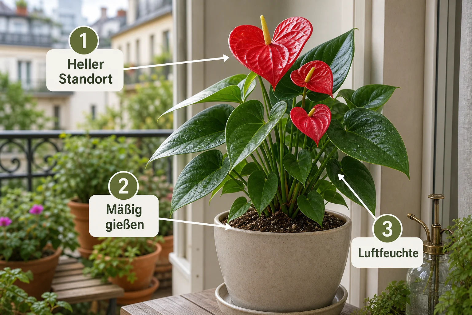Erklärbild: Schritt-für-Schritt-Anleitung - Anthurie Pflege Blüte Standort: Anleitung, Tipps und häufige Fehler