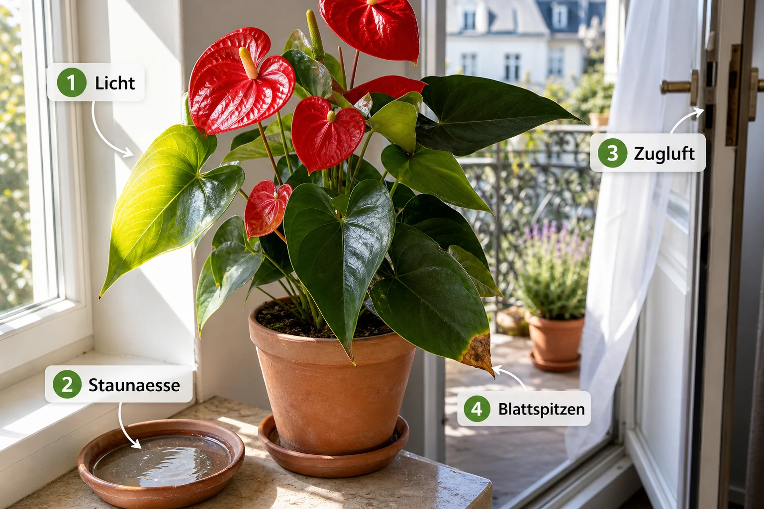 Erklärbild: Häufige Fehler und wie Sie sie vermeiden - Anthurie Pflege Blüte Standort: Anleitung, Tipps und häufige Fehler