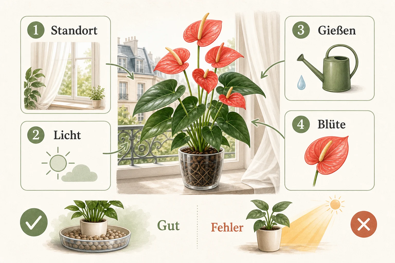 Infografik: Praktische Checkliste - Anthurie Pflege Blüte Standort: Anleitung, Tipps und häufige Fehler