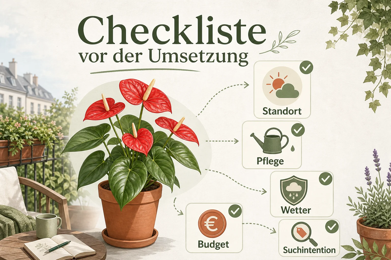 Infografik: Checkliste vor der Umsetzung - Anthurie Pflege Blüte Standort: Anleitung, Tipps und häufige Fehler