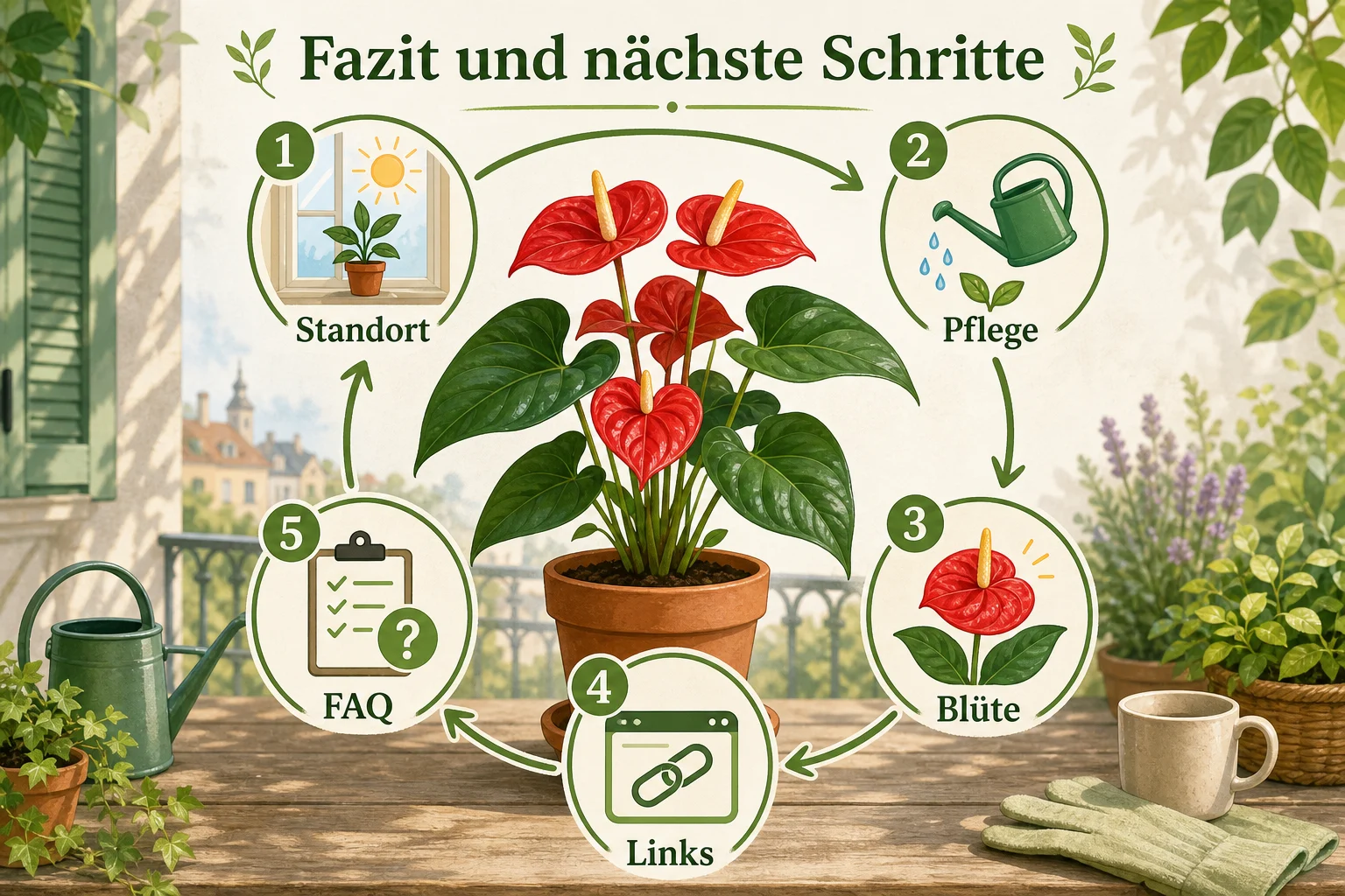 Infografik: Fazit und nächste Schritte - Anthurie Pflege Blüte Standort: Anleitung, Tipps und häufige Fehler