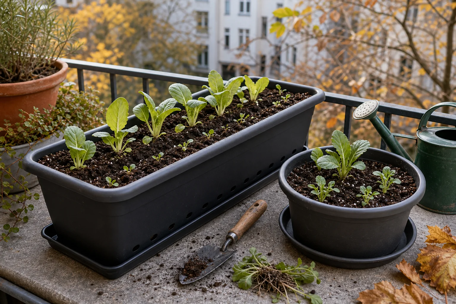 Foto: Gefäß, Erde und Standort für Asiasalat auf dem Herbstbalkon - Asiasalat anbauen Balkon Herbst: Anleitung, Tipps und häufige Fehler