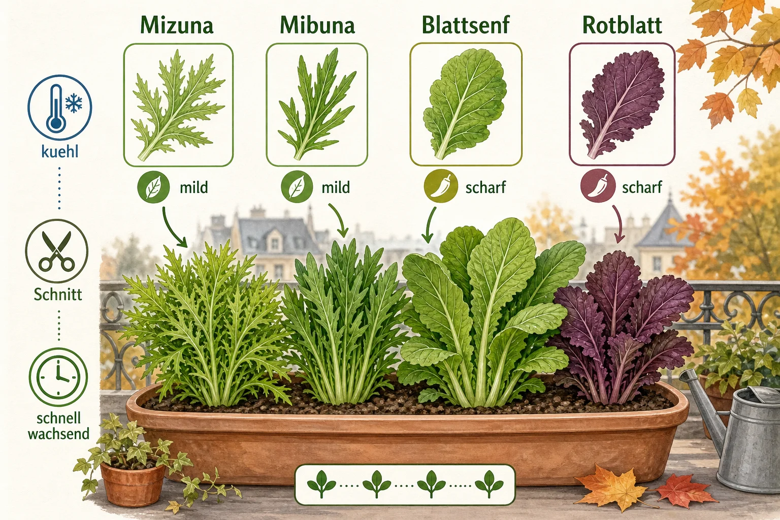 Infografik: Asiasalat-Sorten und Auswahlkriterien für Blattgemüse und Salate - Asiasalat anbauen Balkon Herbst: Anleitung, Tipps und häufige Fehler