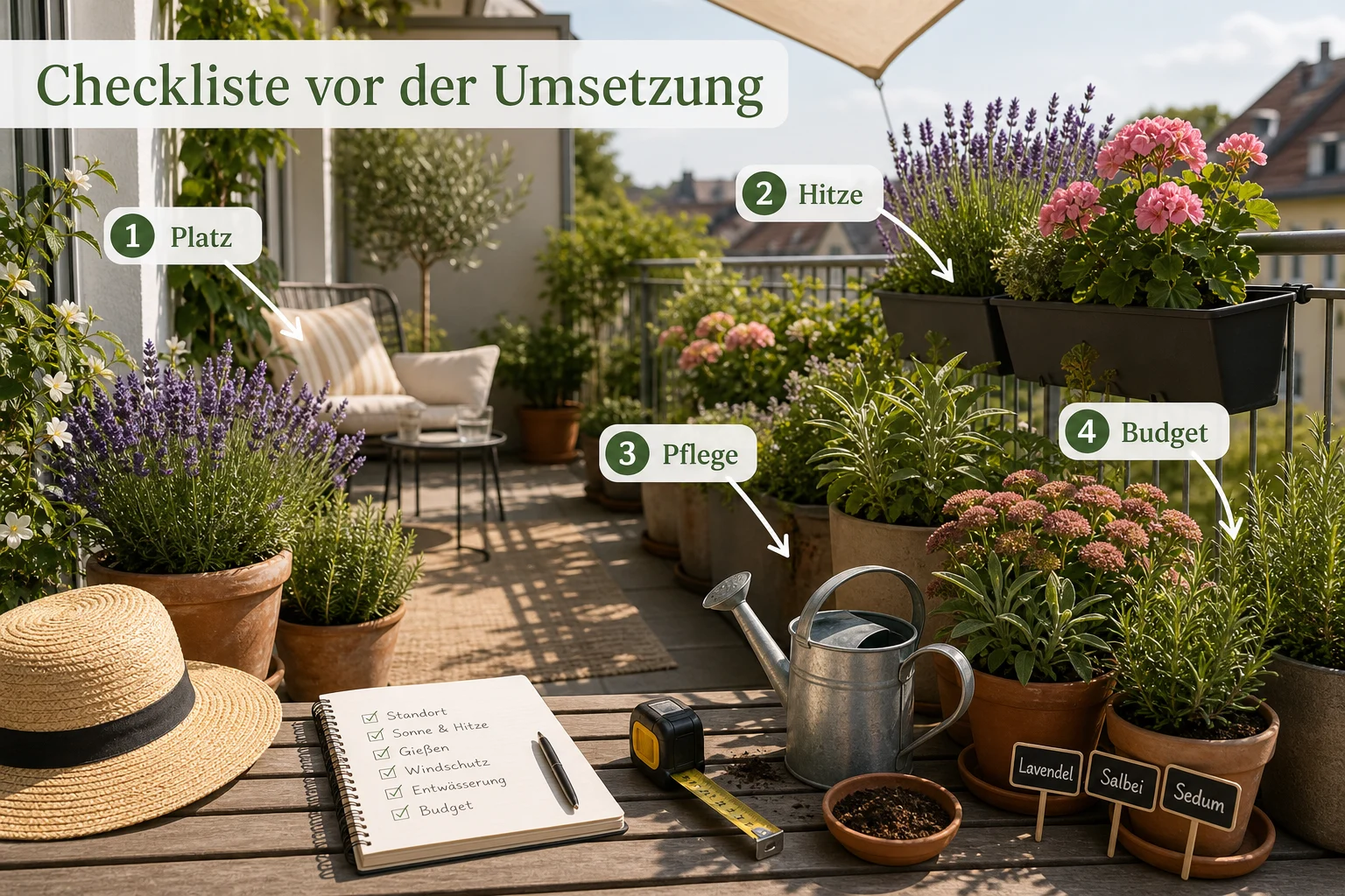 Infografik: Checkliste vor der Umsetzung - Balkon Bepflanzen Südseite Hitzebeständig: Anleitung, Tipps und häufige Fehler