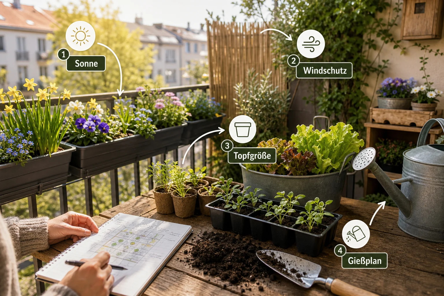 Infografik: Voraussetzungen, Standort und richtige Planung - Balkon Frühling Bepflanzen Blumen Gemüse: Anleitung, Tipps und häufige Fehler