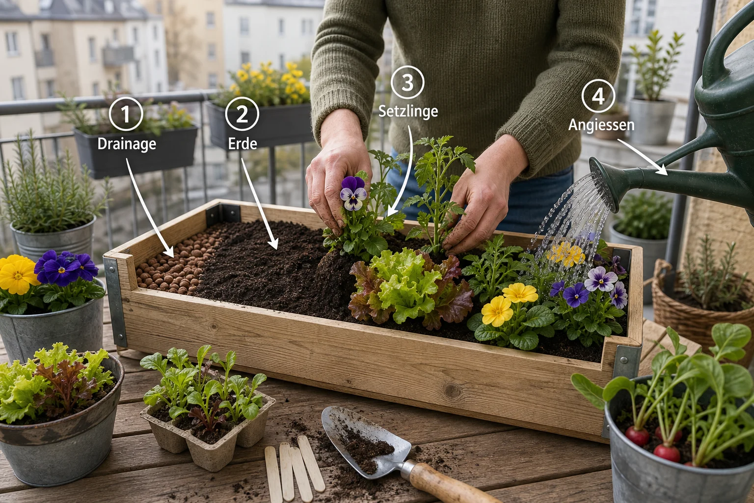 Infografik: Schritt-für-Schritt-Anleitung - Balkon Frühling Bepflanzen Blumen Gemüse: Anleitung, Tipps und häufige Fehler