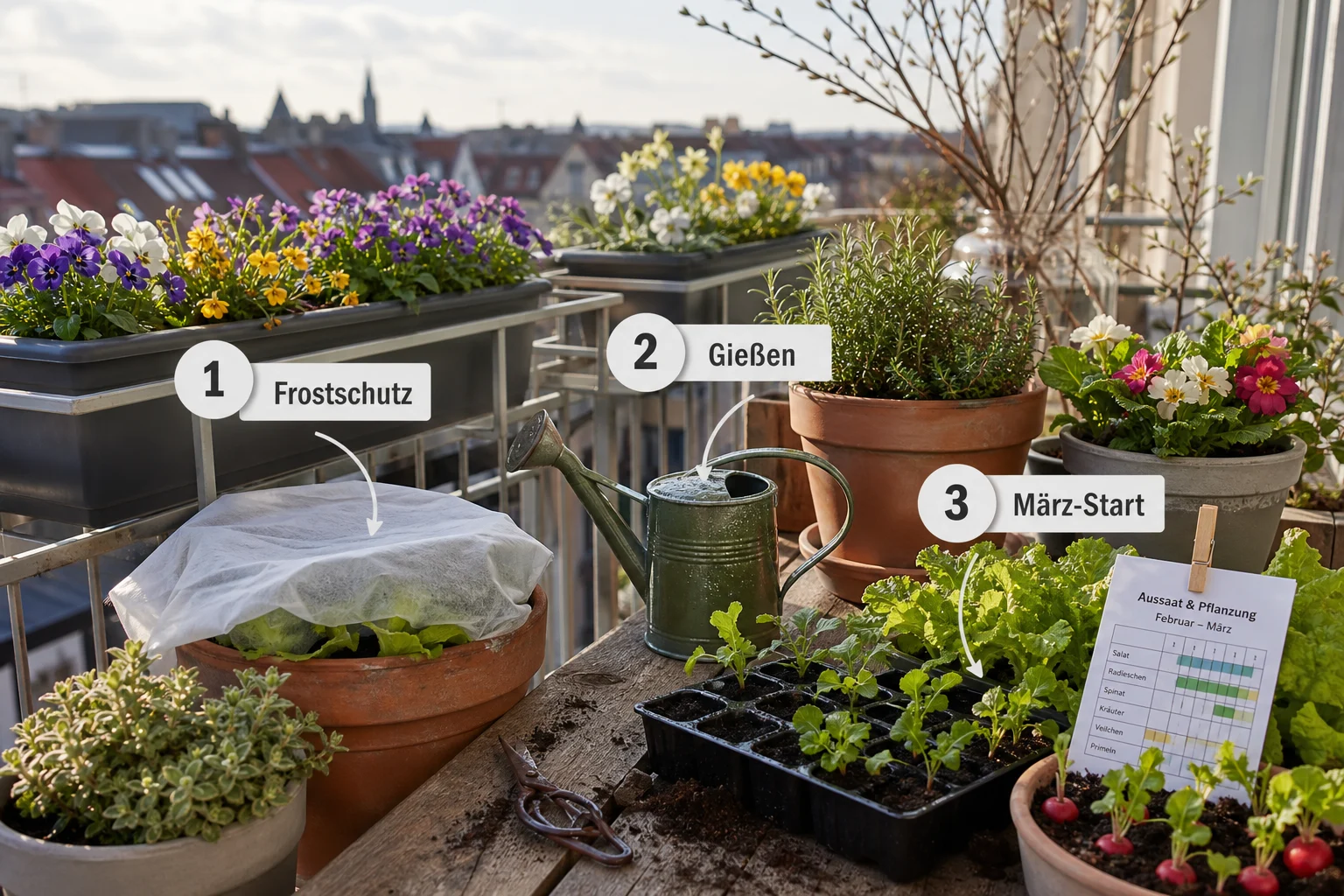 Infografik: Pflege, Timing und saisonale Besonderheiten - Balkon Frühling Bepflanzen Blumen Gemüse: Anleitung, Tipps und häufige Fehler
