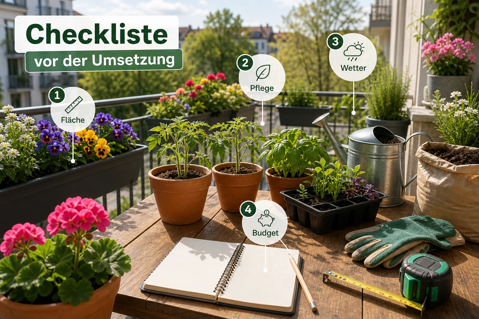 Infografik: Checkliste vor der Umsetzung - Balkon Frühling Bepflanzen Blumen Gemüse: Anleitung, Tipps und häufige Fehler