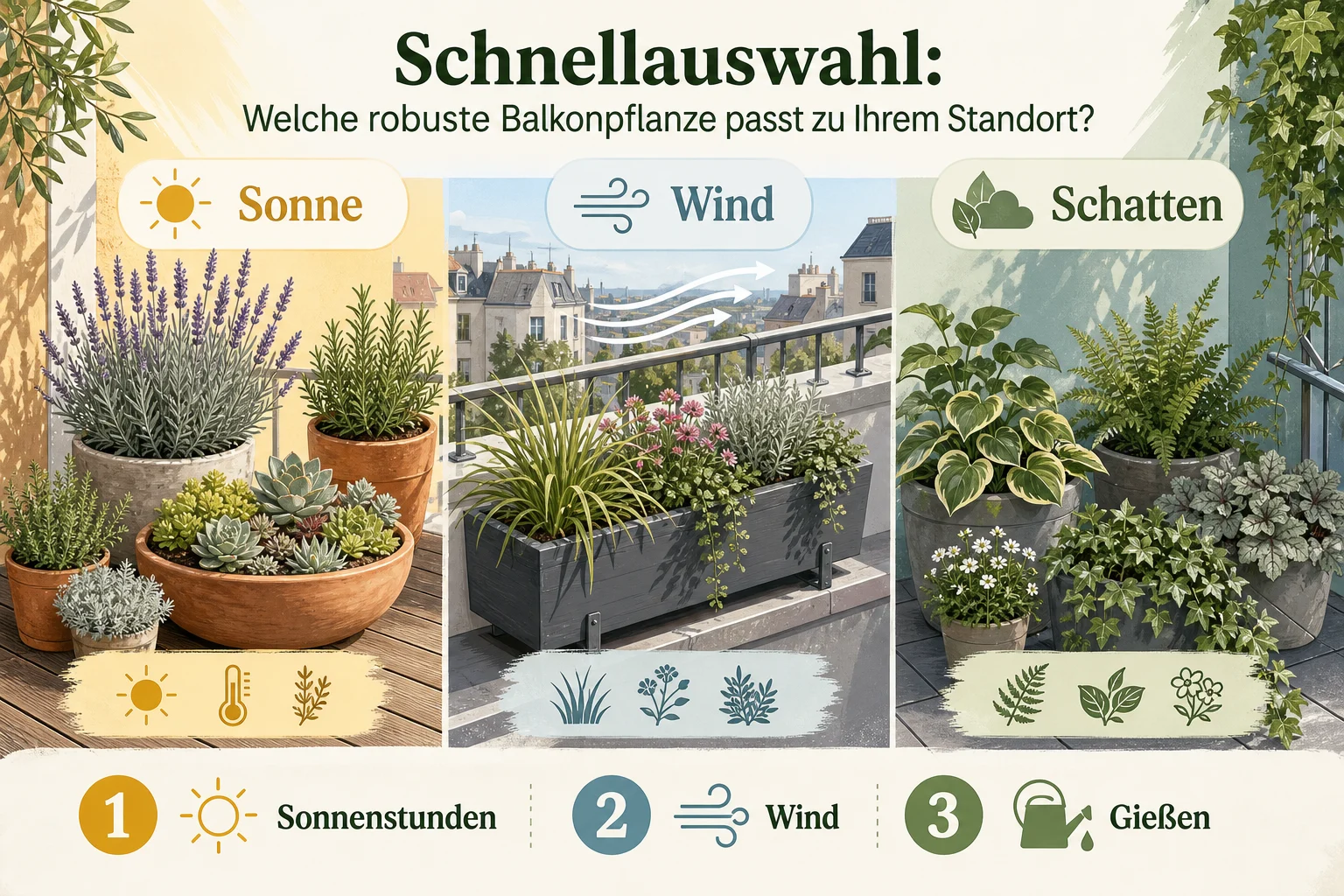 Infografik: Schnellauswahl: Welche robuste Balkonpflanze passt zu Ihrem Standort? - Pflegeleichte Balkonpflanzen: 17 robuste Arten für wenig Zeit