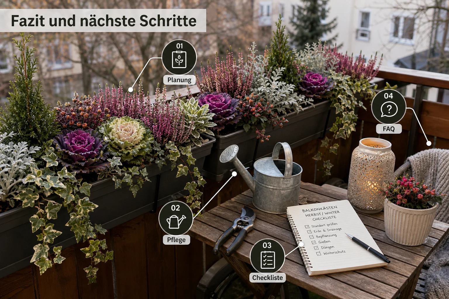 Infografik: Fazit und nächste Schritte - Balkonkästen Herbst Winter Bepflanzen Ideen: Anleitung, Tipps und häufige Fehler