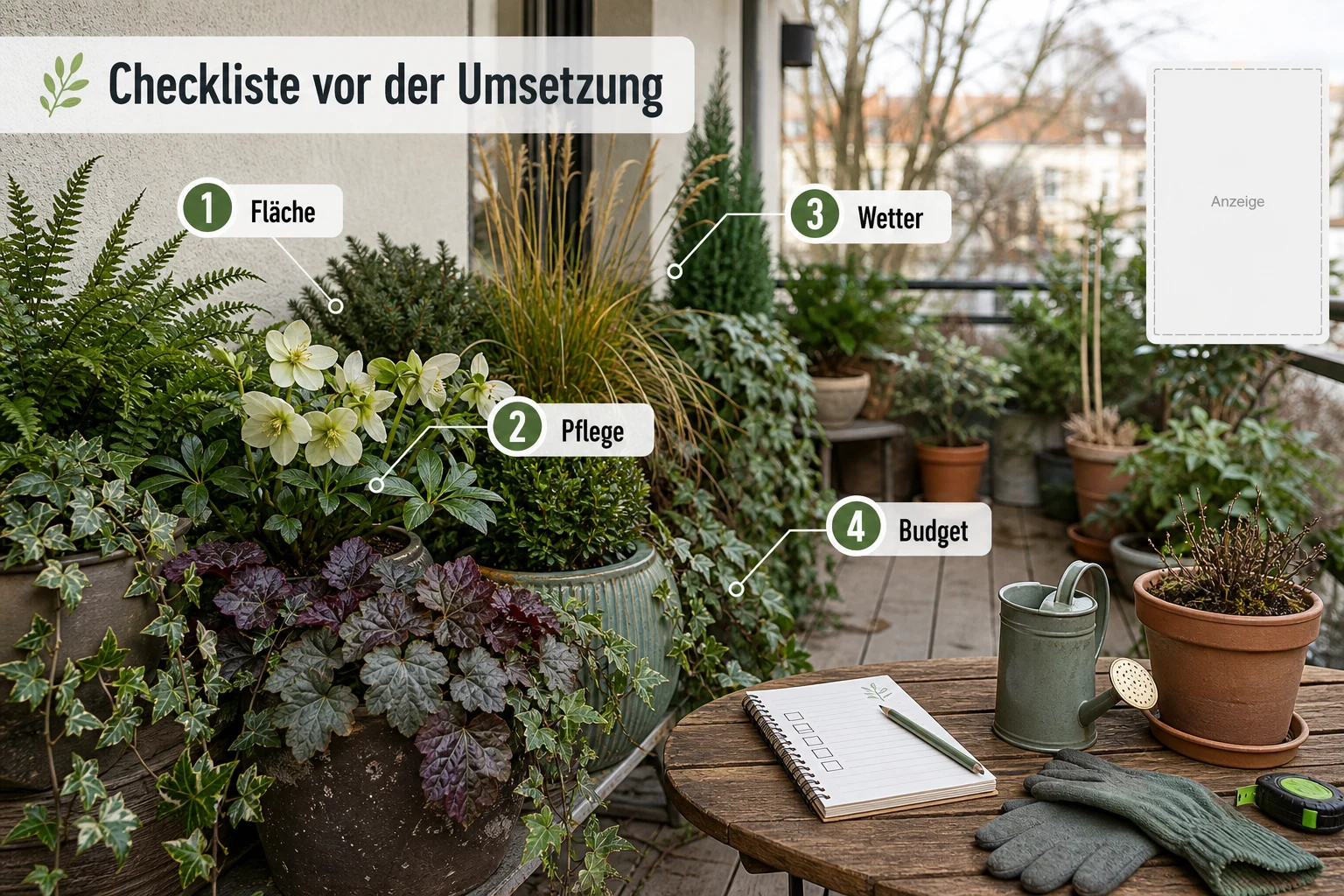 Infografik: Checkliste vor der Umsetzung - Balkonpflanzen Schattig Winterhart Mehrjährig: Anleitung, Tipps und häufige Fehler