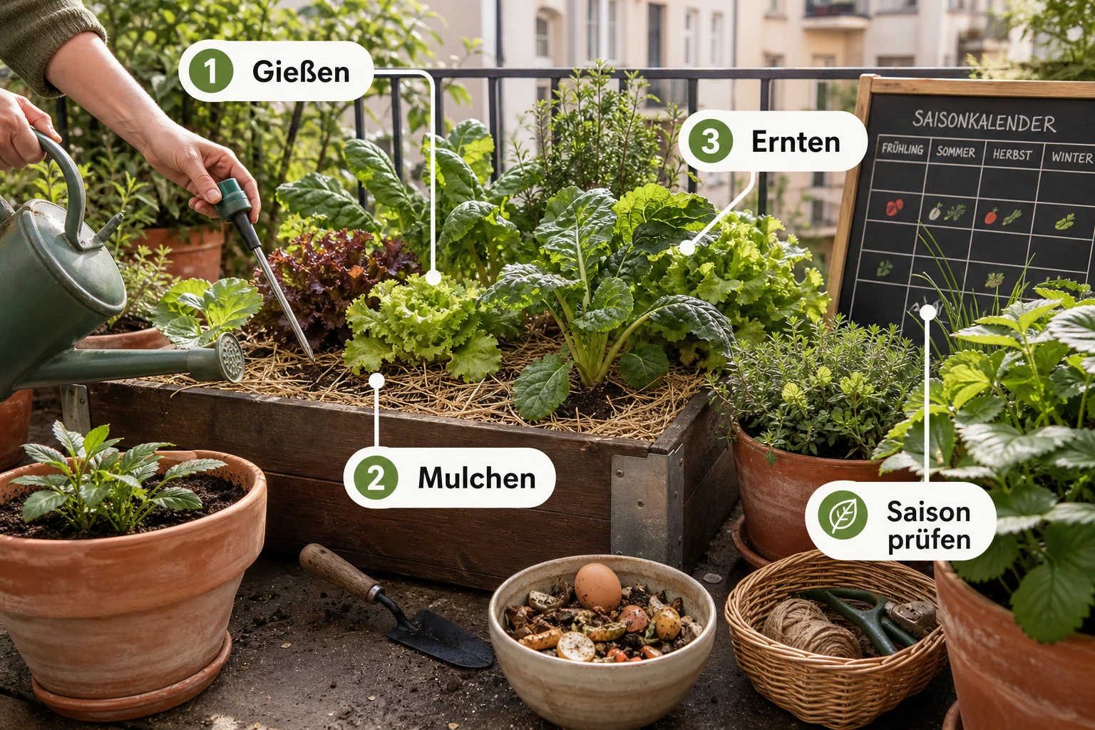 Infografik: Pflege, Timing und saisonale Besonderheiten - Biogarten Anlegen Anfänger Tipps: Anleitung, Tipps und häufige Fehler