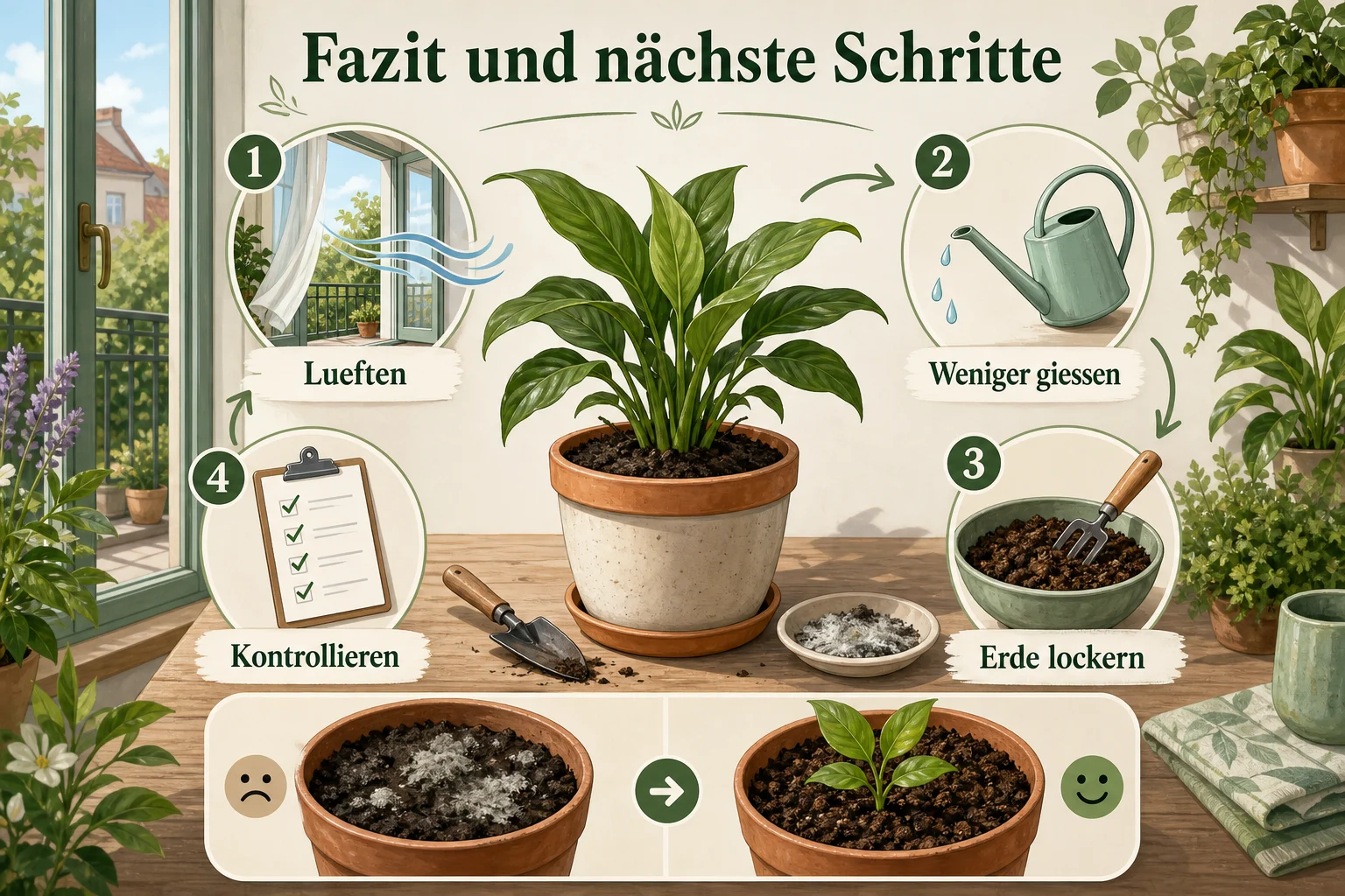 Infografik: Fazit und nächste Schritte - Blumenerde Schimmelt Was Tun Ursachen: Anleitung, Tipps und häufige Fehler