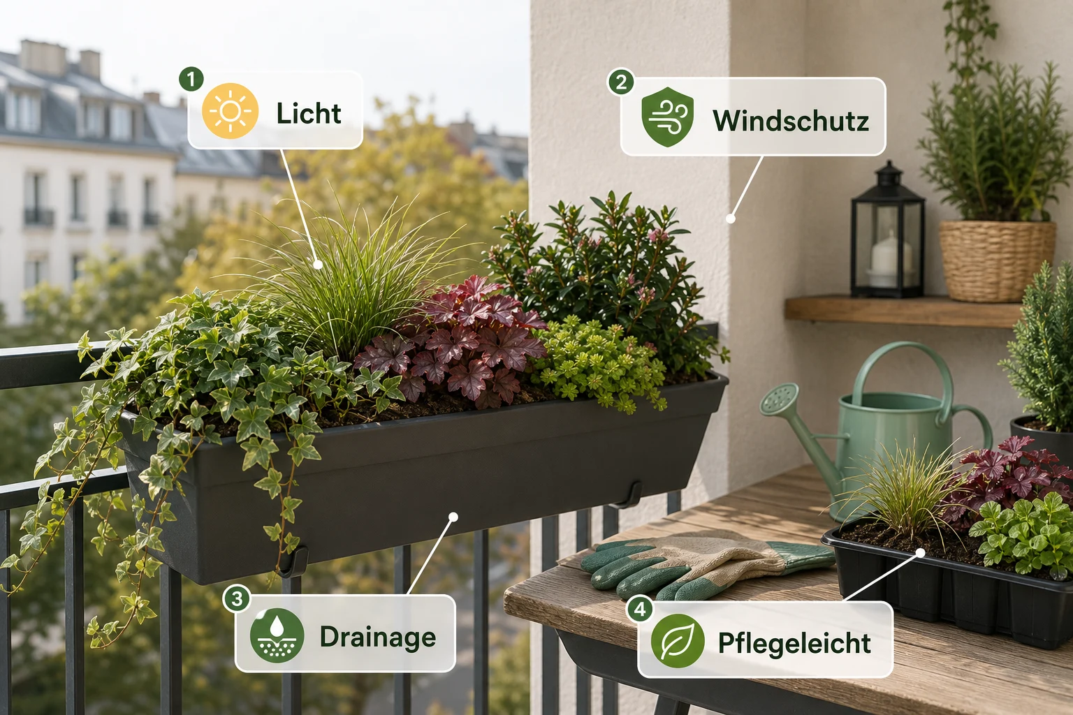 Infografik: Voraussetzungen, Standort und richtige Planung - Blumenkästen Bepflanzen Ganzjährig Pflegeleicht: Anleitung, Tipps und häufige Fehler
