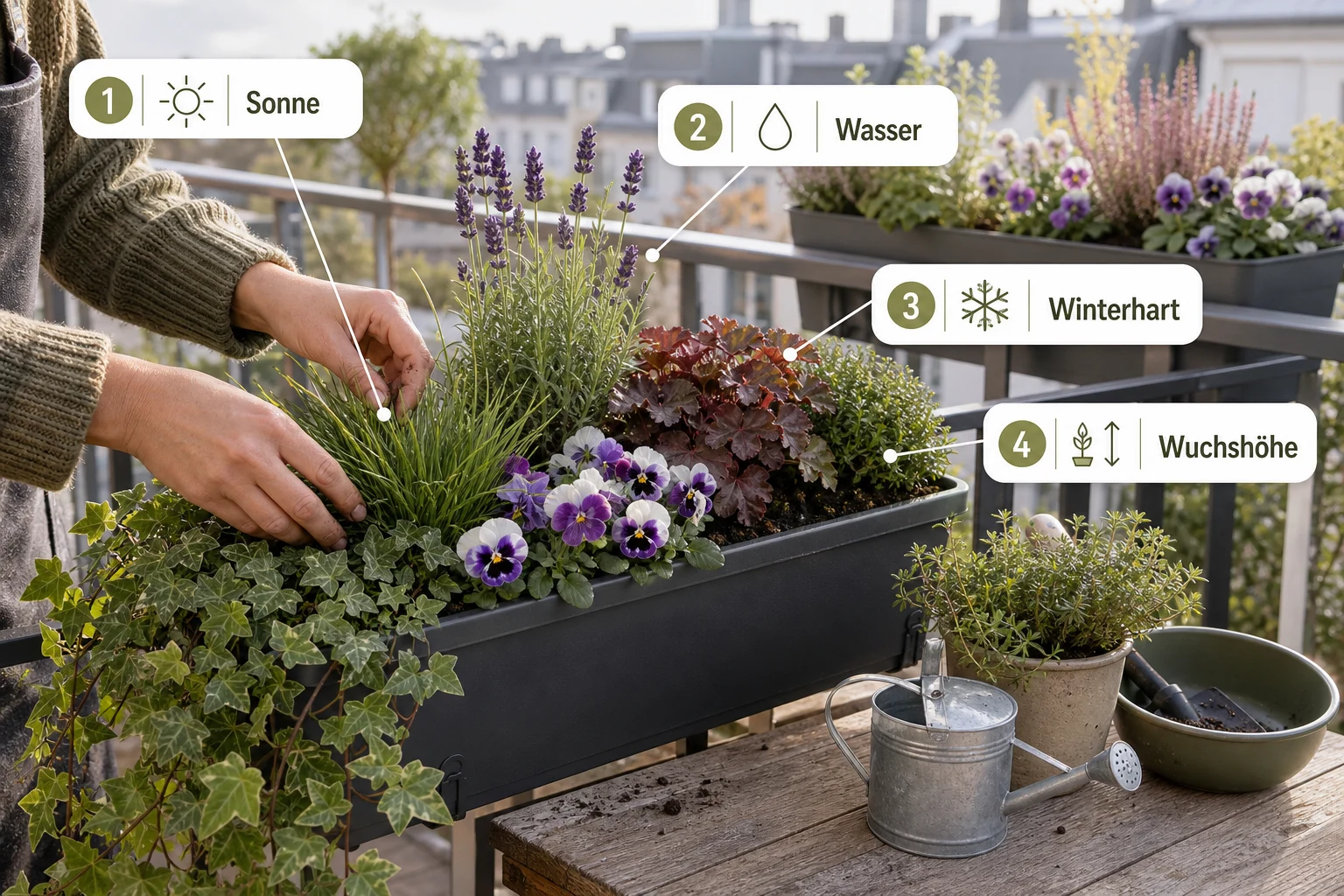 Infografik: Auswahlkriterien für Balkonpflanzen - Blumenkästen Bepflanzen Ganzjährig Pflegeleicht: Anleitung, Tipps und häufige Fehler