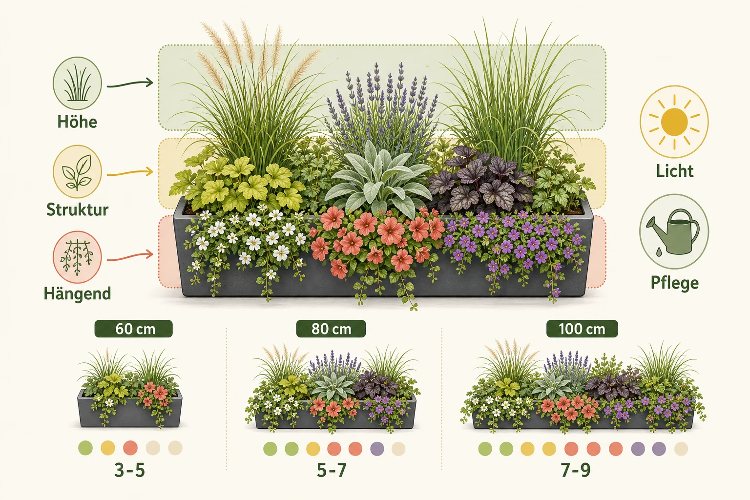 Infografik: Pflanzplan auswählen: Kastenlänge, Licht und Pflege zuerst klären - Blumenkasten bepflanzen: 12 moderne Ideen mit Pflanzplänen