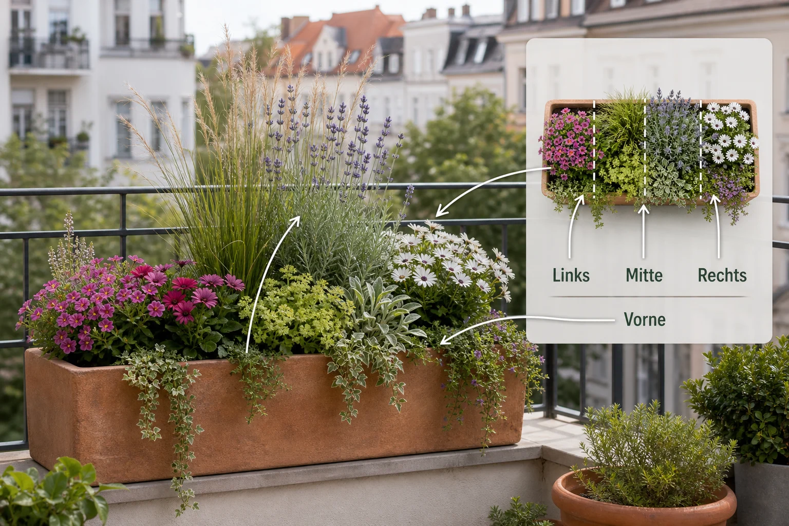 Erklärbild: 12 Kombinationen mit Stückzahlen: nachbaubare Pläne für 60 bis 100 Zentimeter - Blumenkasten bepflanzen: 12 moderne Ideen mit Pflanzplänen