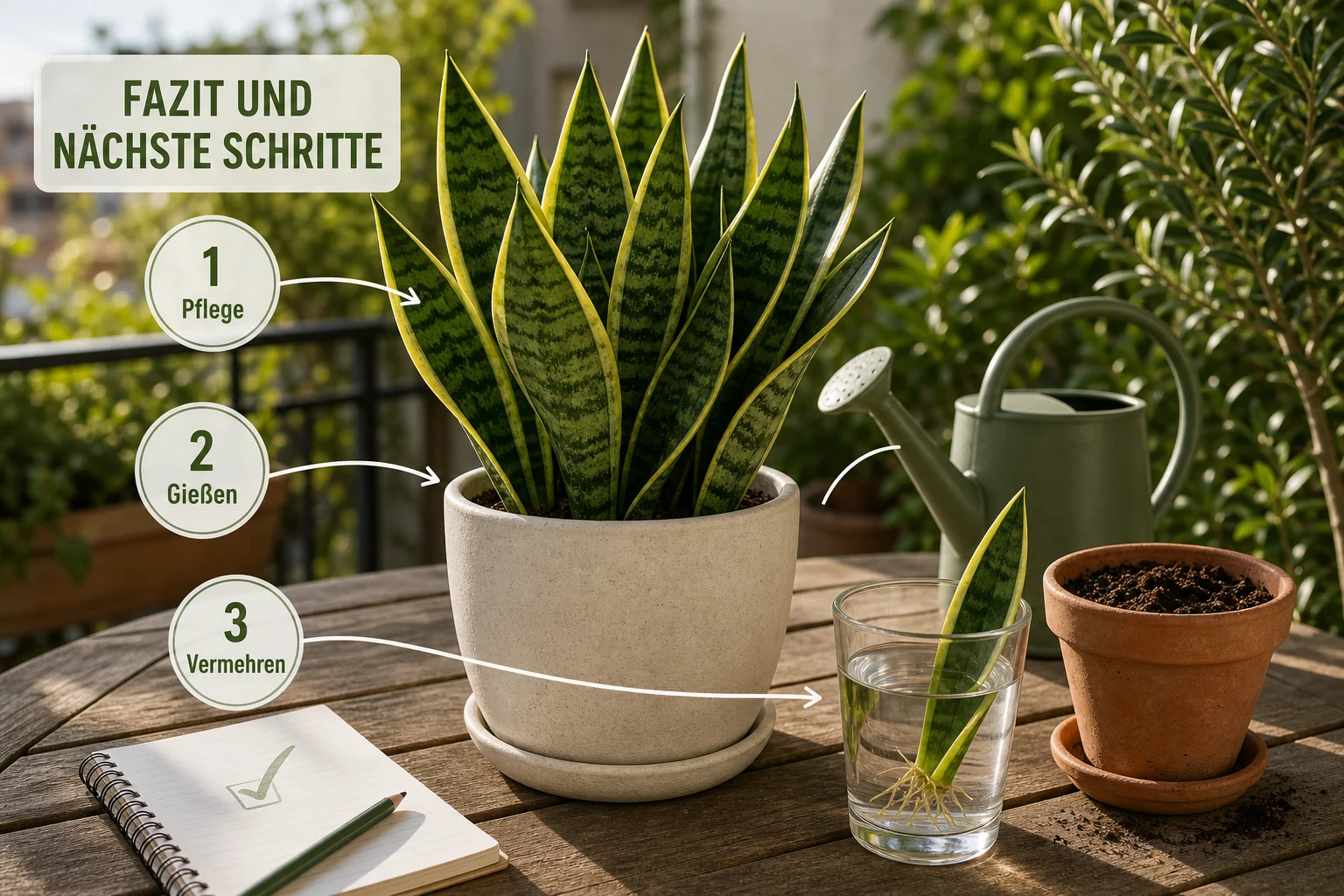 Infografik: Fazit und nächste Schritte - Bogenhanf Pflege Gießen Vermehren: Anleitung, Tipps und häufige Fehler