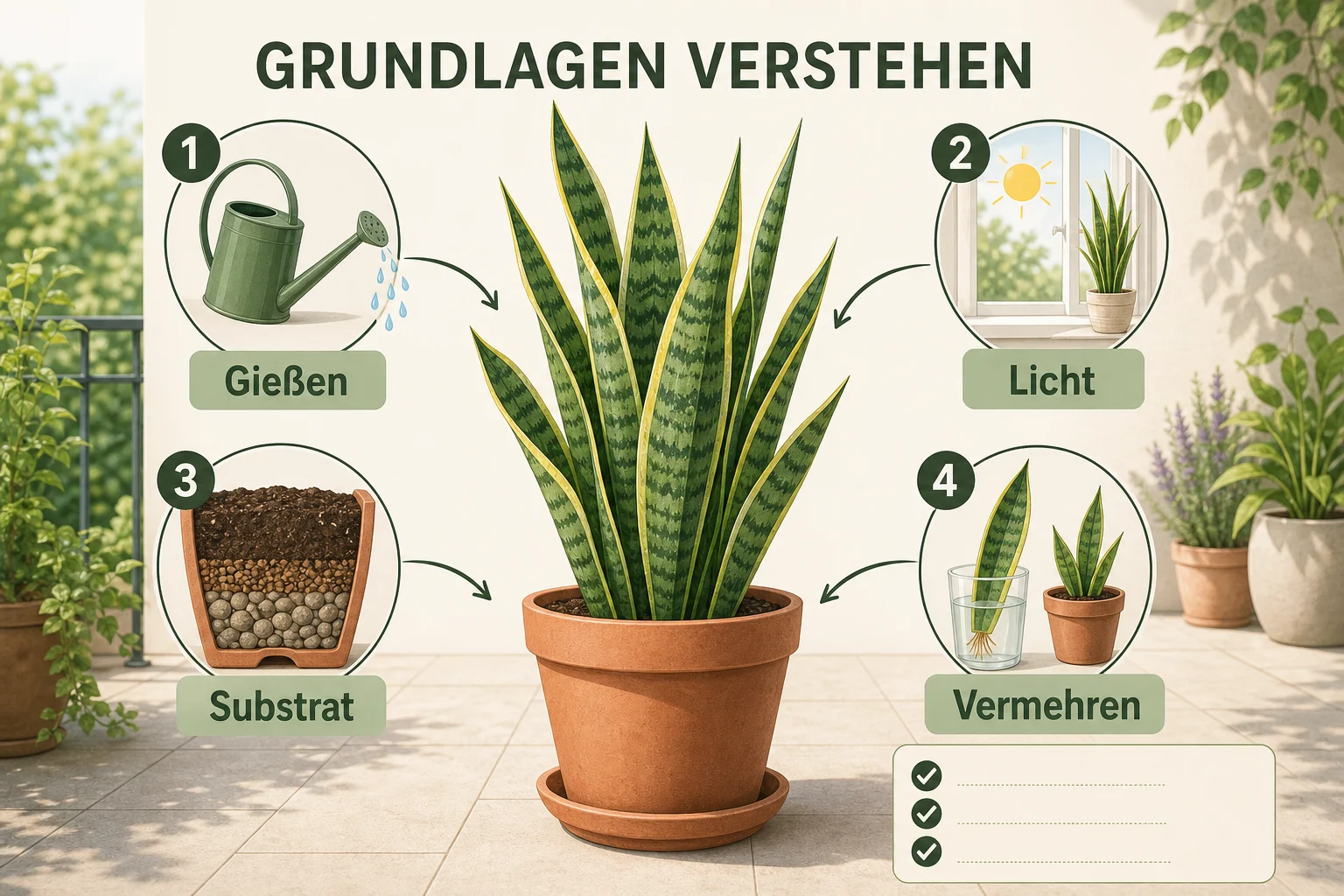 Infografik: Grundlagen verstehen - Bogenhanf pflege gießen vermehren Ratgeber