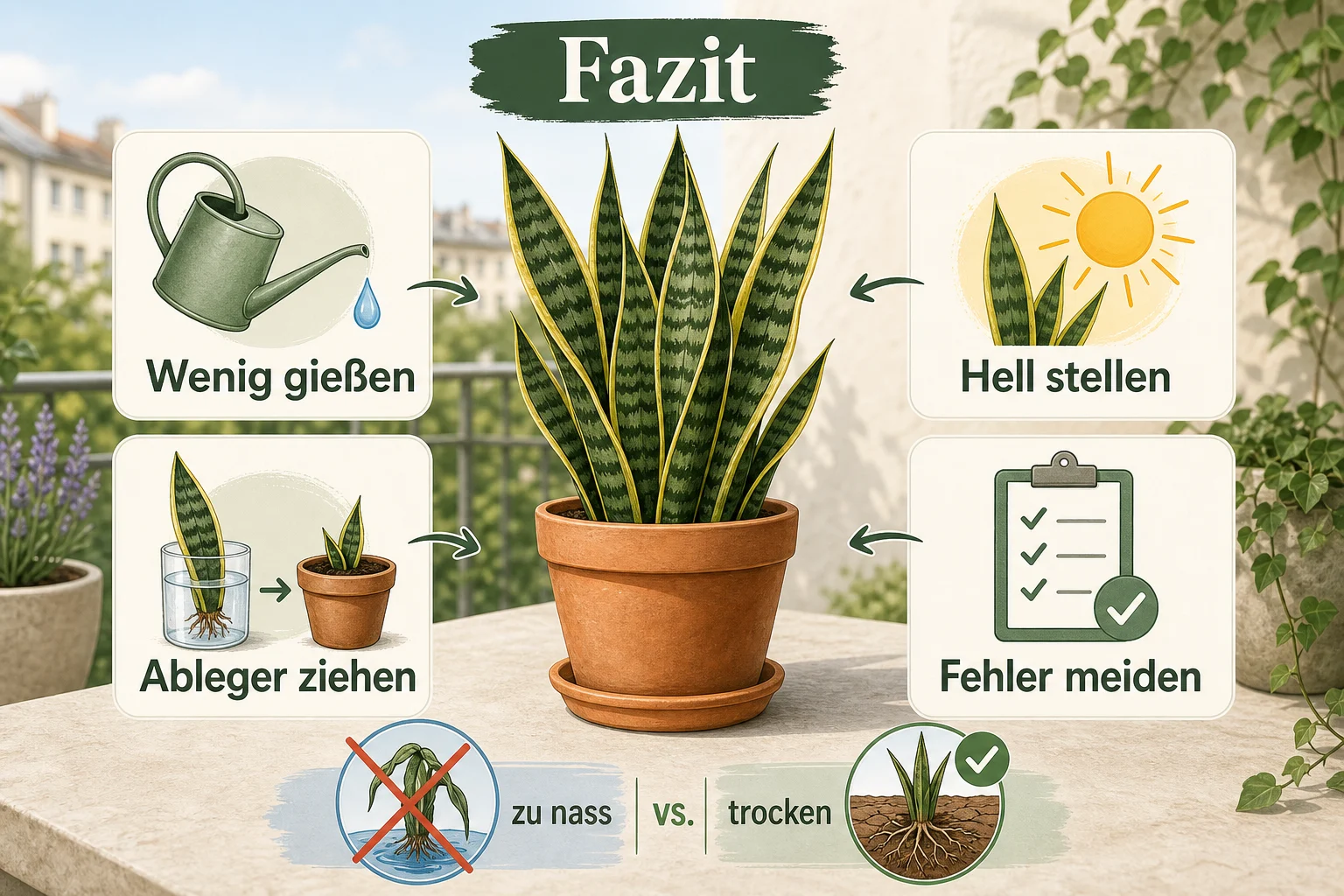 Infografik: Fazit - Bogenhanf pflege gießen vermehren Ratgeber