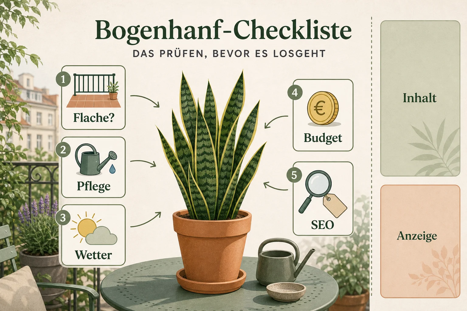 Infografik: Checkliste vor der Umsetzung - Bogenhanf pflege gießen vermehren Ratgeber