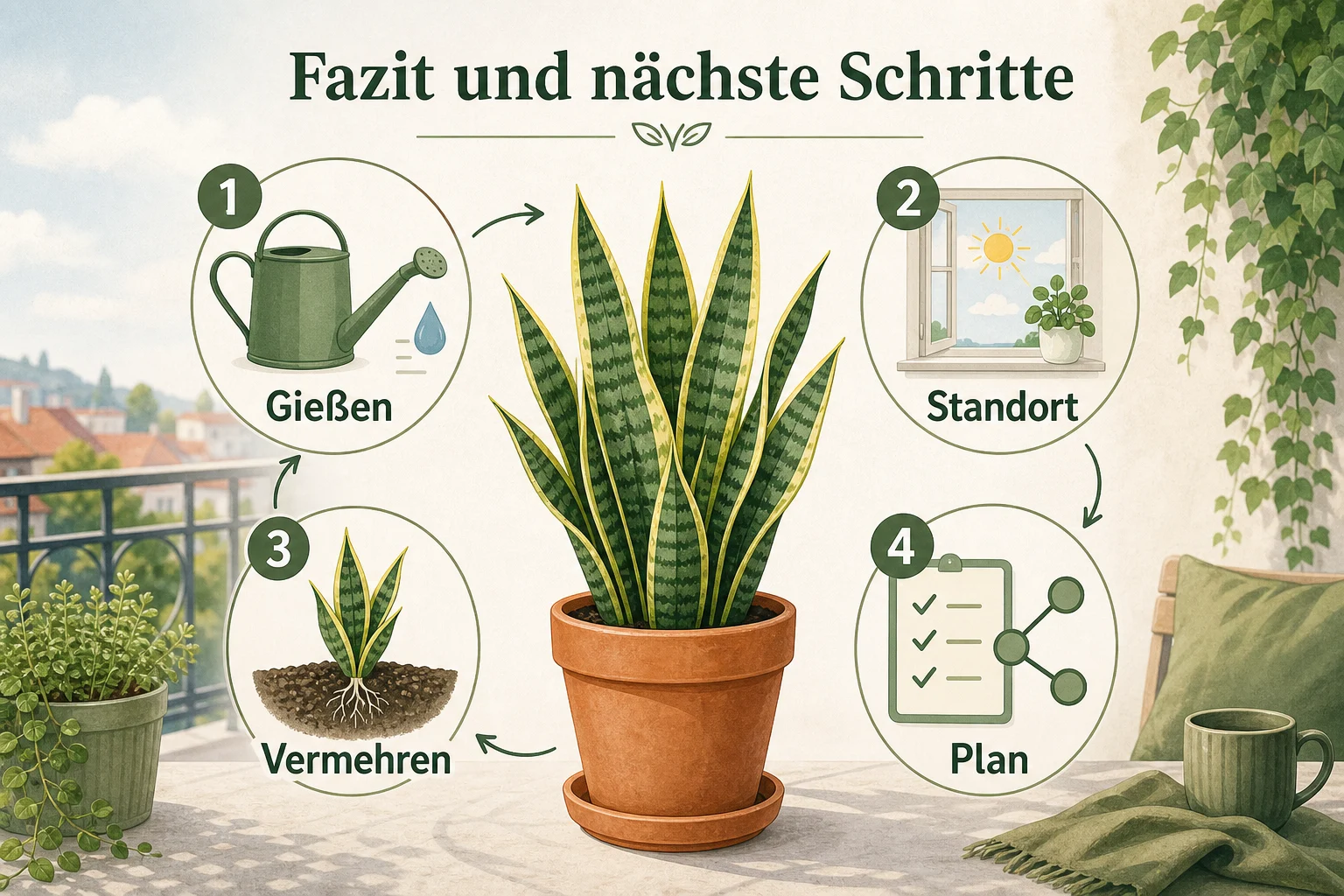 Infografik: Fazit und nächste Schritte - Bogenhanf pflege gießen vermehren Ratgeber