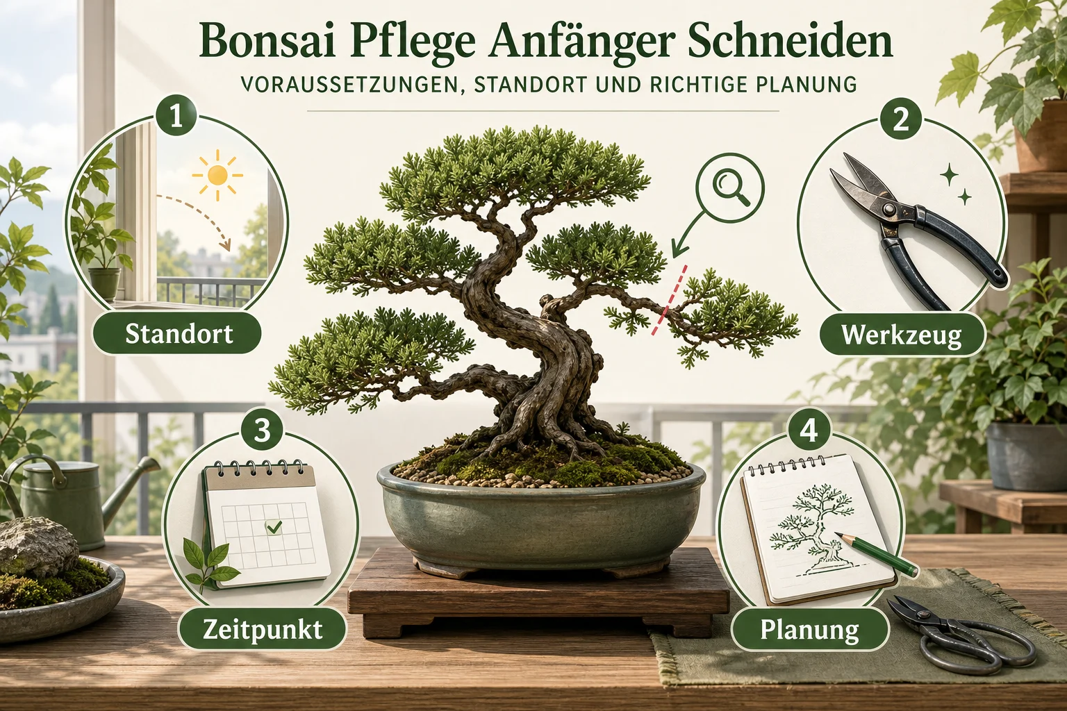 Infografik: Voraussetzungen, Standort und richtige Planung - Bonsai Pflege Anfänger Schneiden: Anleitung, Tipps und häufige Fehler
