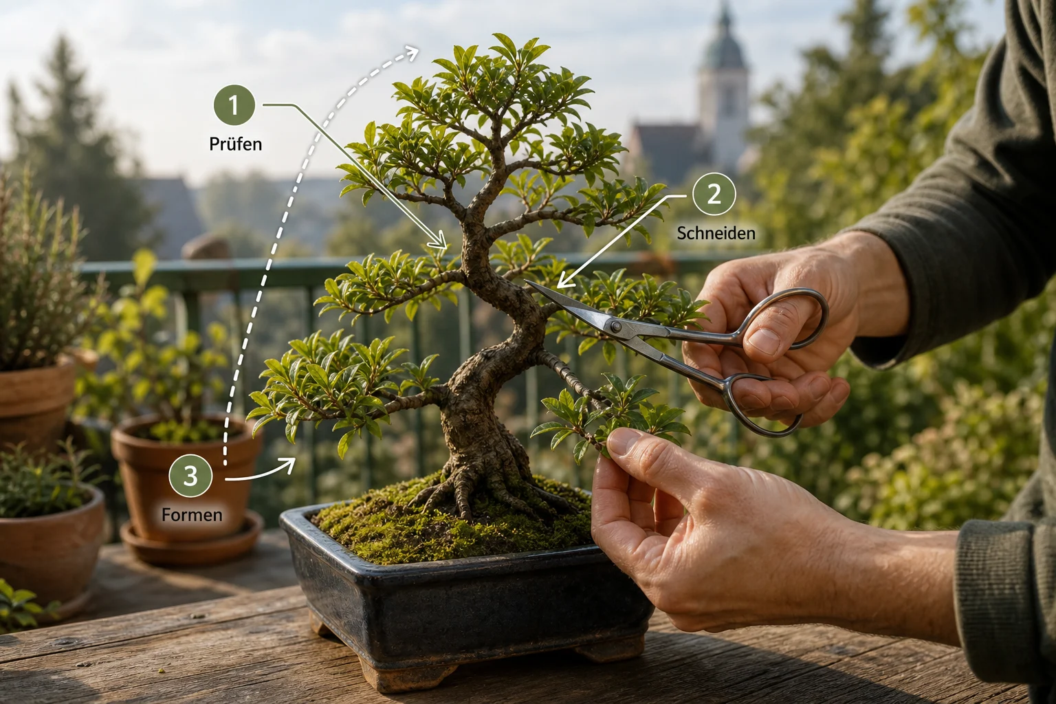 Erklärbild: Schritt-für-Schritt-Anleitung - Bonsai Pflege Anfänger Schneiden: Anleitung, Tipps und häufige Fehler