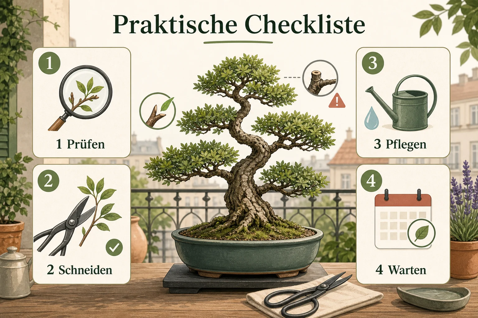 Infografik: Praktische Checkliste - Bonsai Pflege Anfänger Schneiden: Anleitung, Tipps und häufige Fehler