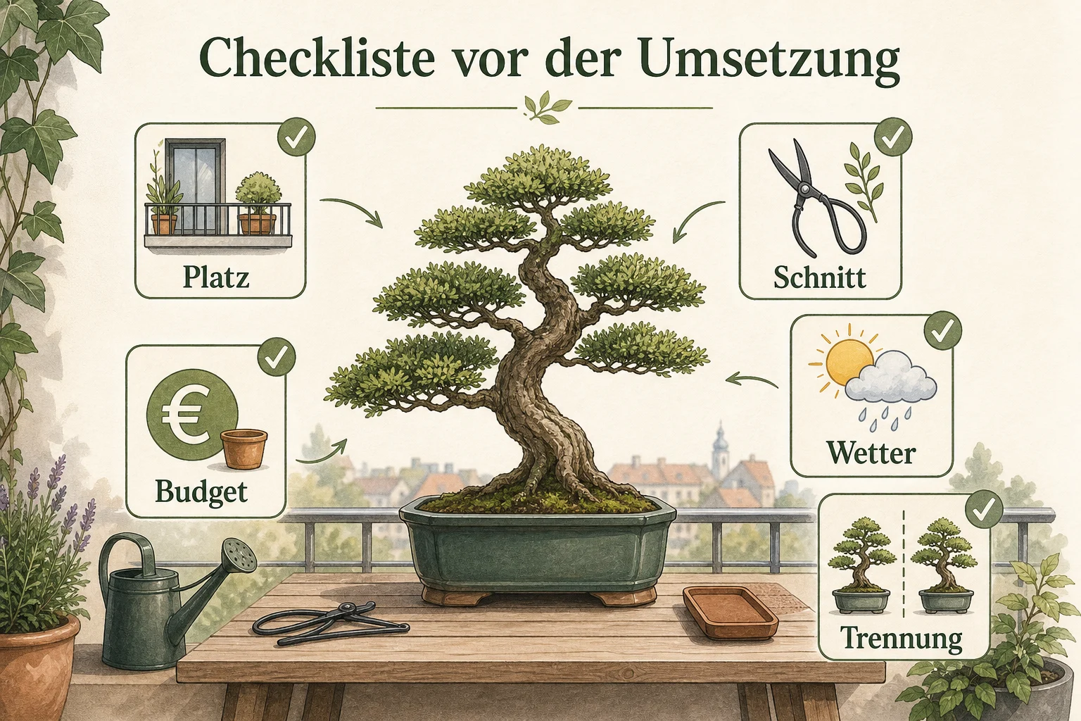 Infografik: Checkliste vor der Umsetzung - Bonsai Pflege Anfänger Schneiden: Anleitung, Tipps und häufige Fehler