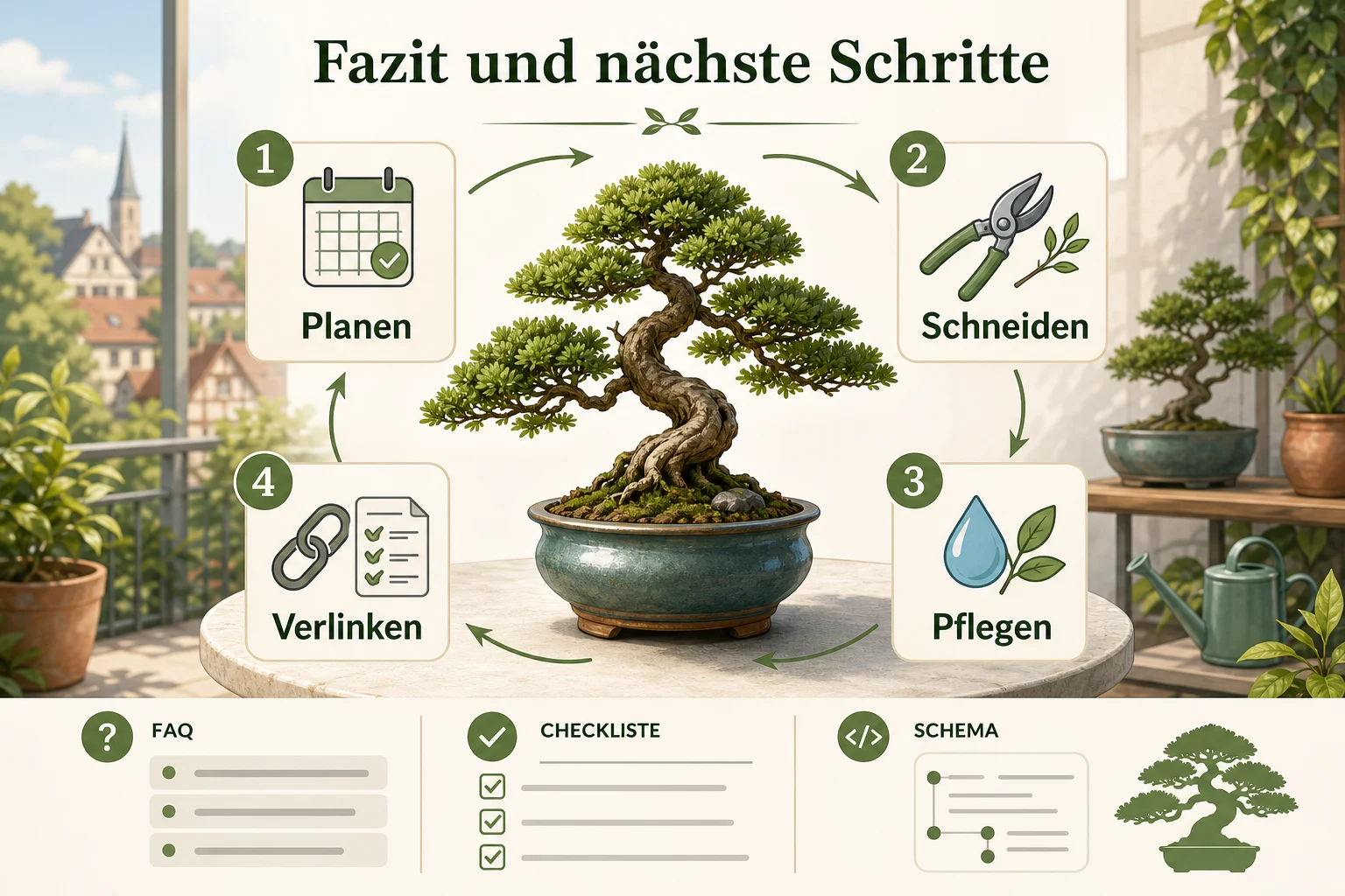 Infografik: Fazit und nächste Schritte - Bonsai Pflege Anfänger Schneiden: Anleitung, Tipps und häufige Fehler