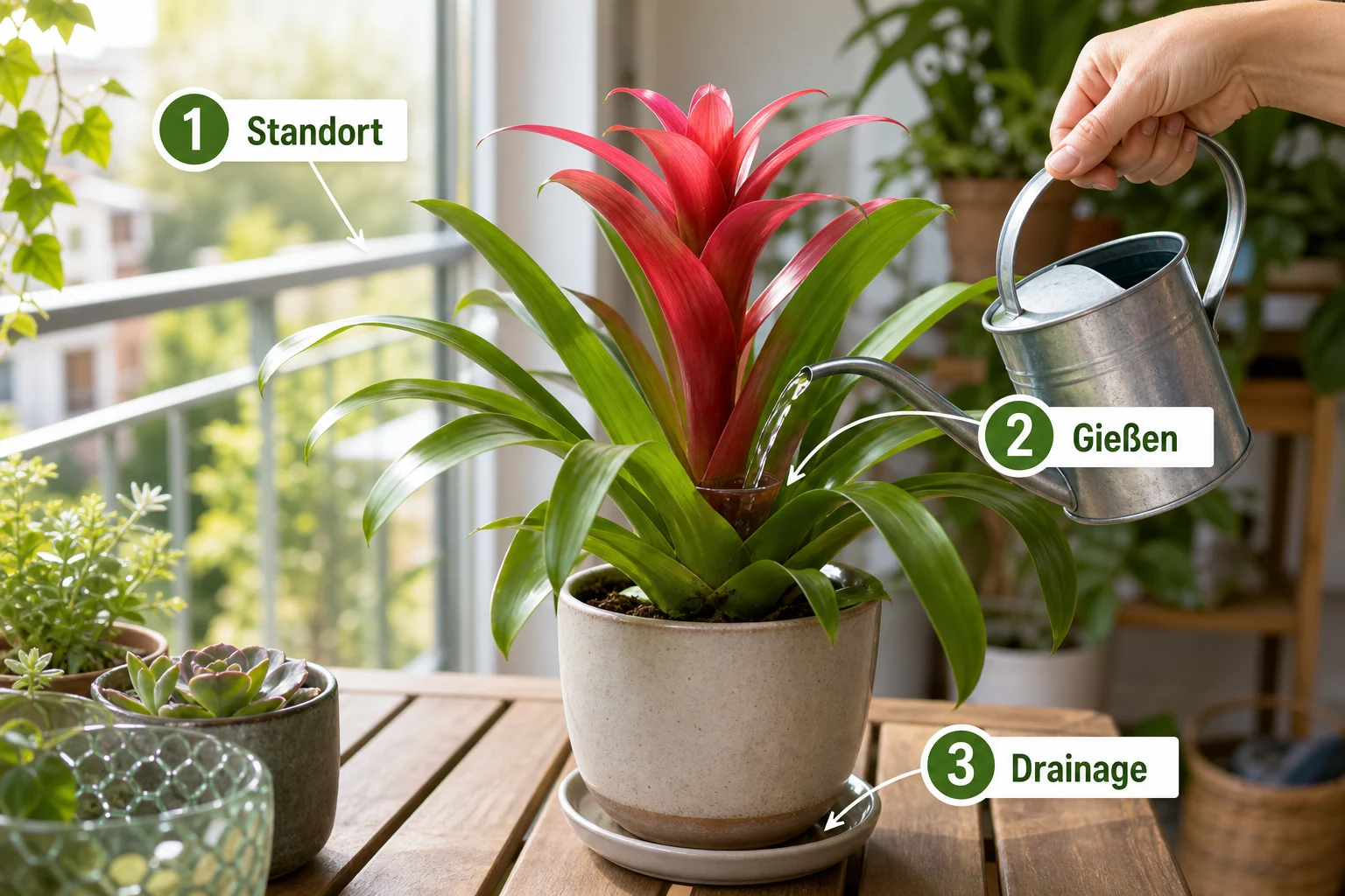 Erklärbild: Schritt-für-Schritt-Anleitung - Bromelien Pflege Standort Gießen: Anleitung, Tipps und häufige Fehler