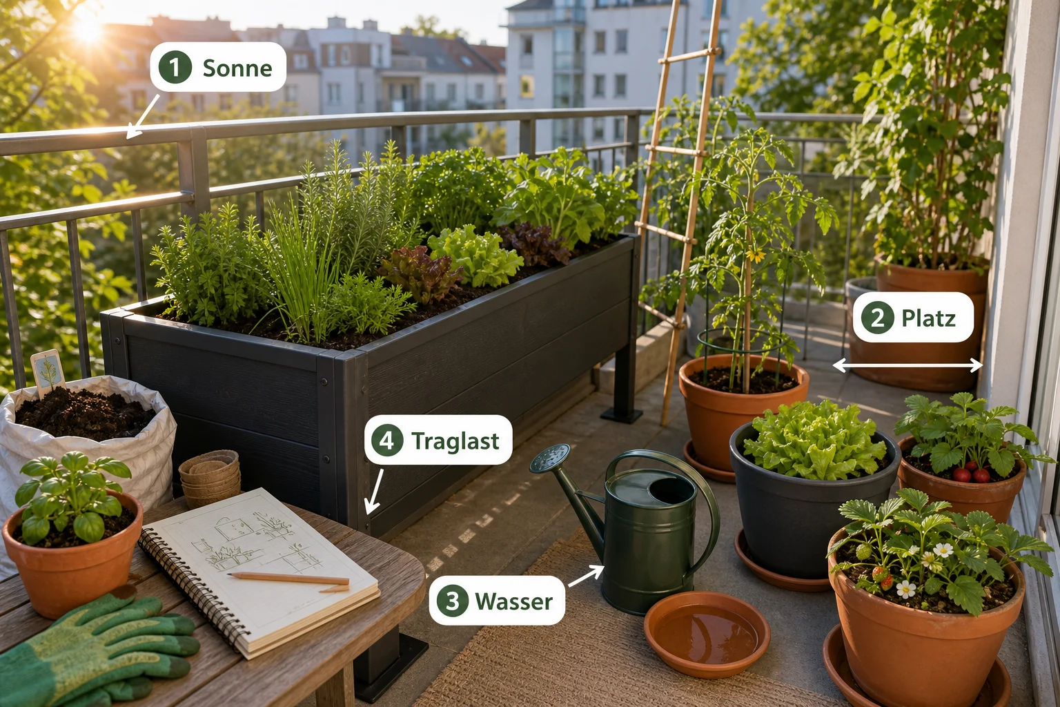 Infografik: Voraussetzungen, Standort und richtige Planung - Container Gardening Balkon Gemüse Liste: Anleitung, Tipps und häufige Fehler