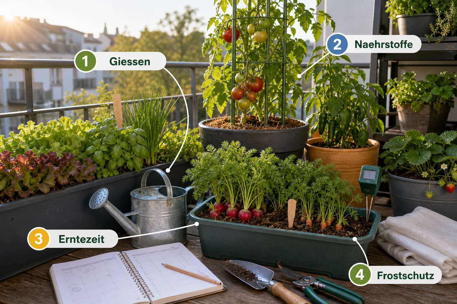 Infografik: Pflege, Timing und saisonale Besonderheiten - Container Gardening Balkon Gemüse Liste: Anleitung, Tipps und häufige Fehler