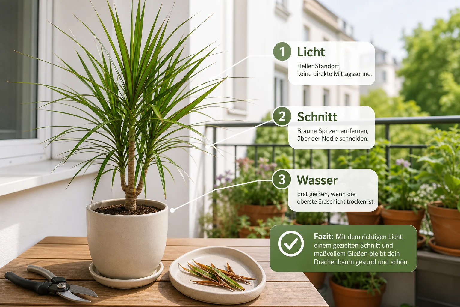 Infografik: Fazit - Drachenbaum Pflege Schneiden Tipps: Anleitung, Tipps und häufige Fehler
