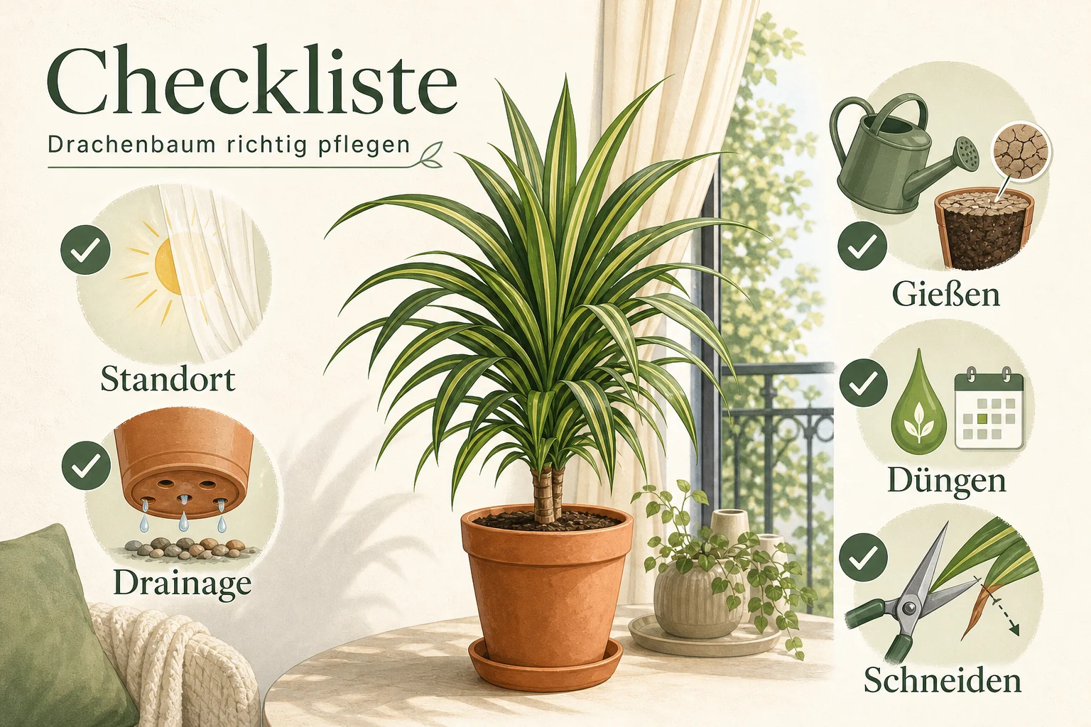 Infografik: Checkliste - Drachenbaum Pflege, Schneiden, Tipps: Ratgeber für gesunde Zimmerpflanzen