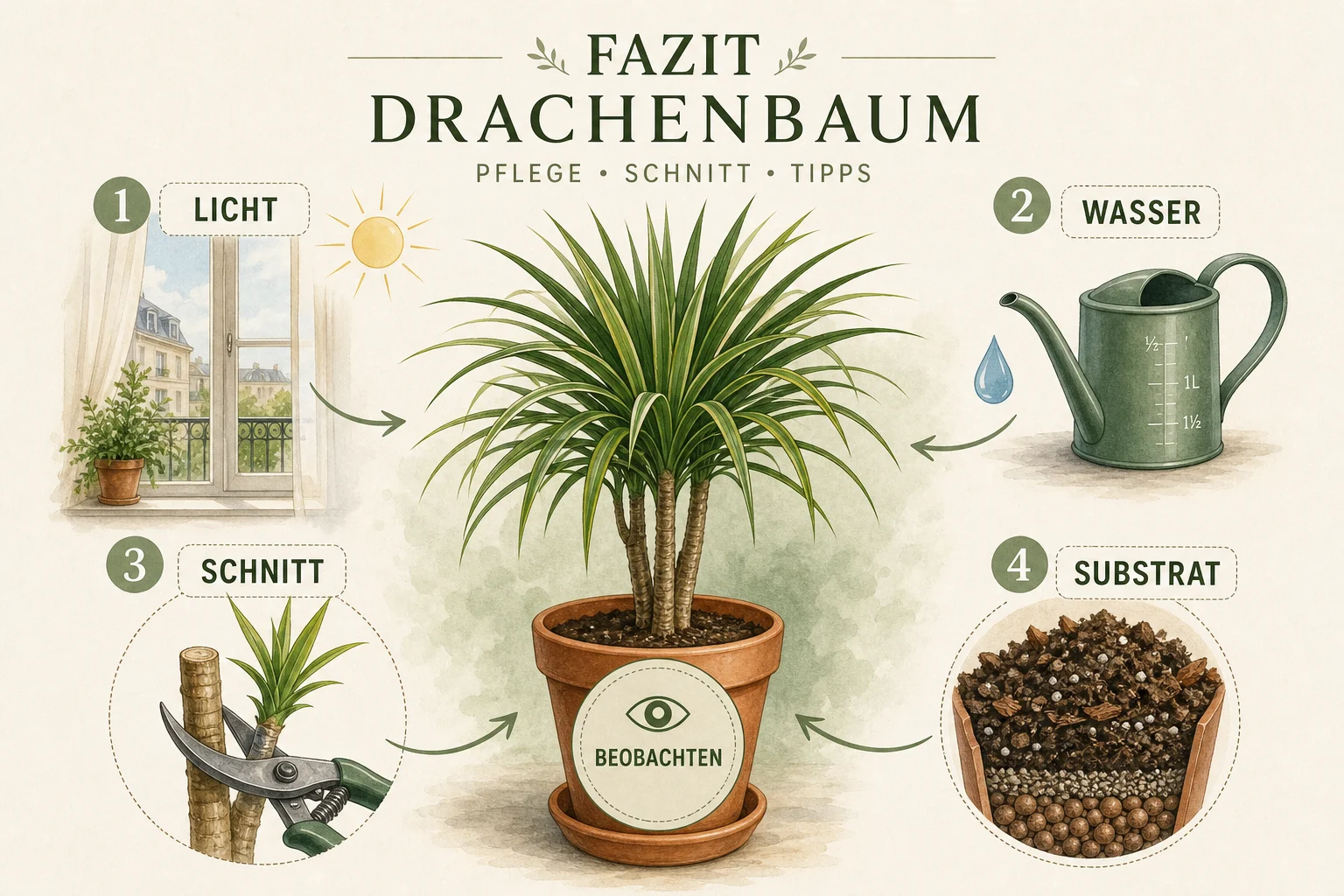 Infografik: Fazit - Drachenbaum Pflege, Schneiden, Tipps: Ratgeber für gesunde Zimmerpflanzen