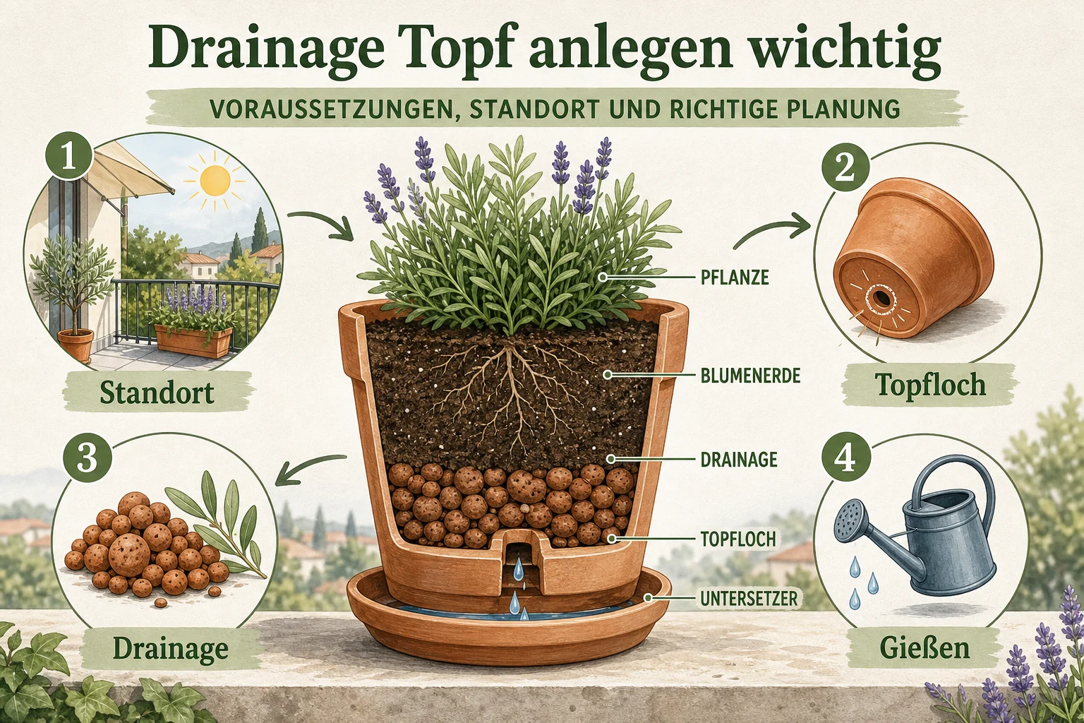 Infografik: Voraussetzungen, Standort und richtige Planung - Drainage Topf Anlegen Wichtig: Anleitung, Tipps und häufige Fehler