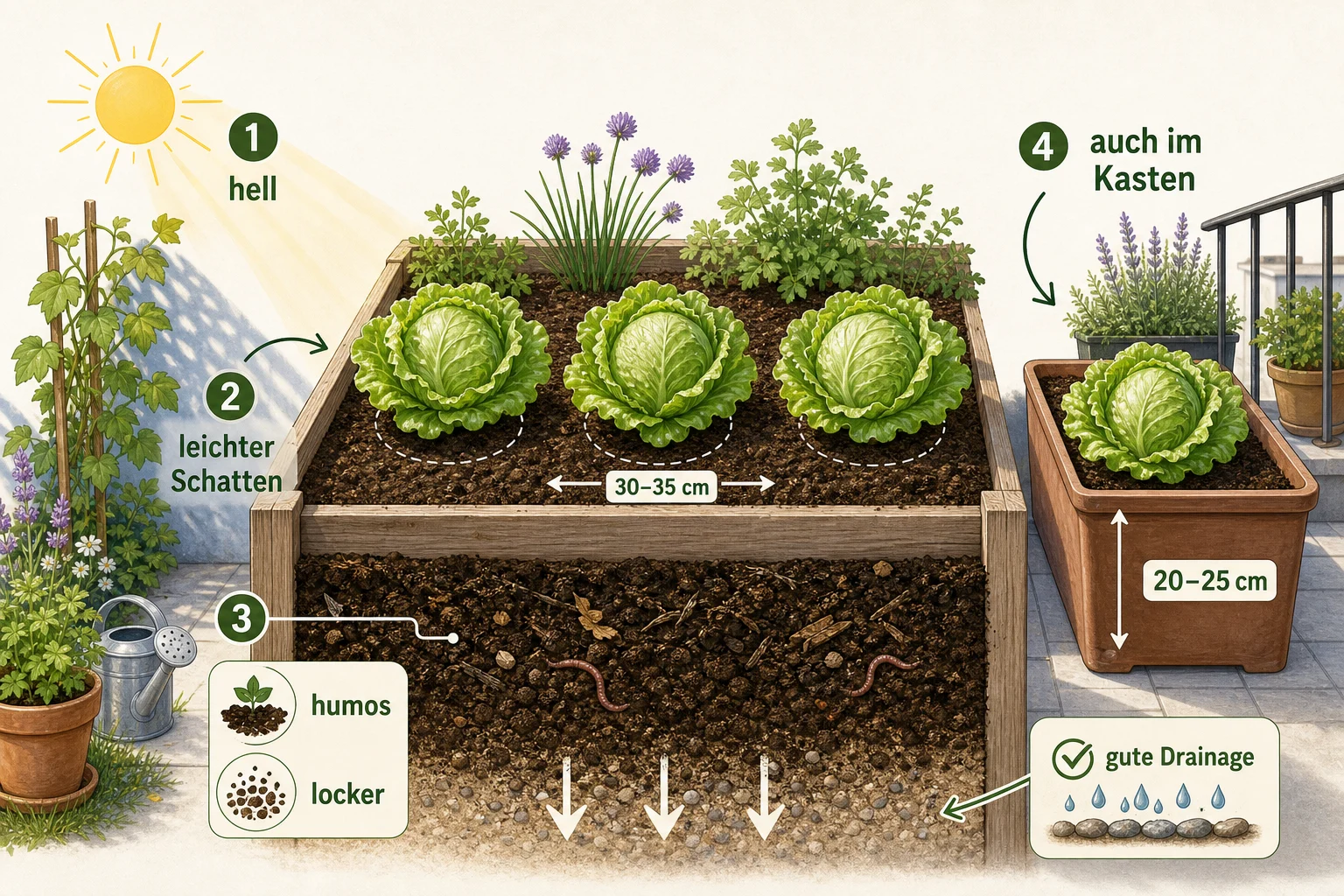 Infografik: Standort, Boden und Beetplanung für Eisbergsalat im Garten - Eisbergsalat anbauen Garten Tipps: sichere Anleitung für knackige Köpfe