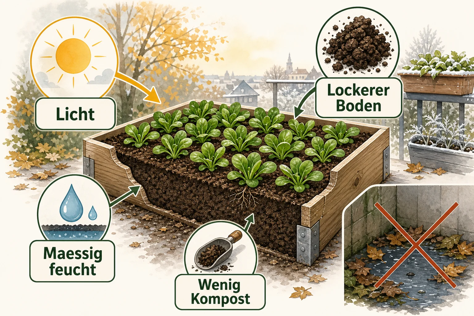 Infografik: Voraussetzungen, Standort und richtige Planung für Feldsalat - Feldsalat anbauen Herbst Winter: Anleitung, Tipps und häufige Fehler