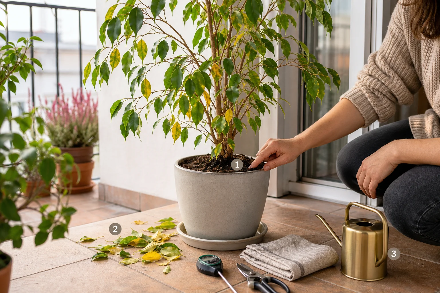 Foto: Praktische Umsetzung - Ficus benjamini Pflege: Blätter fallen? Ratgeber für gesunde Zimmerfeigen