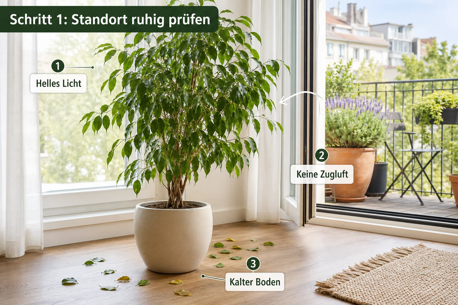 Erklärbild: Schritt 1: Standort ruhig prüfen - Ficus benjamini Pflege: Blätter fallen? Ratgeber für gesunde Zimmerfeigen