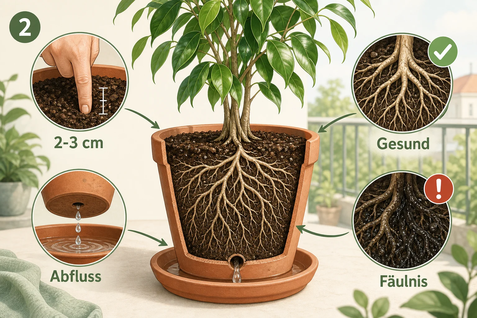 Infografik: Schritt 2: Erde und Wurzeln kontrollieren - Ficus benjamini Pflege: Blätter fallen? Ratgeber für gesunde Zimmerfeigen