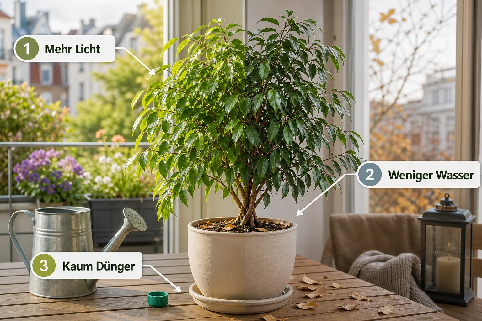 Erklärbild: Schritt 3: Pflege an die Jahreszeit anpassen - Ficus benjamini Pflege: Blätter fallen? Ratgeber für gesunde Zimmerfeigen