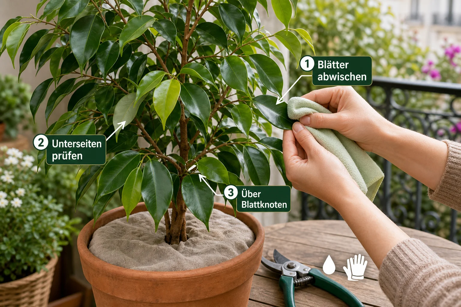 Erklärbild: Schritt 4: Krone und Blätter pflegen - Ficus benjamini Pflege: Blätter fallen? Ratgeber für gesunde Zimmerfeigen