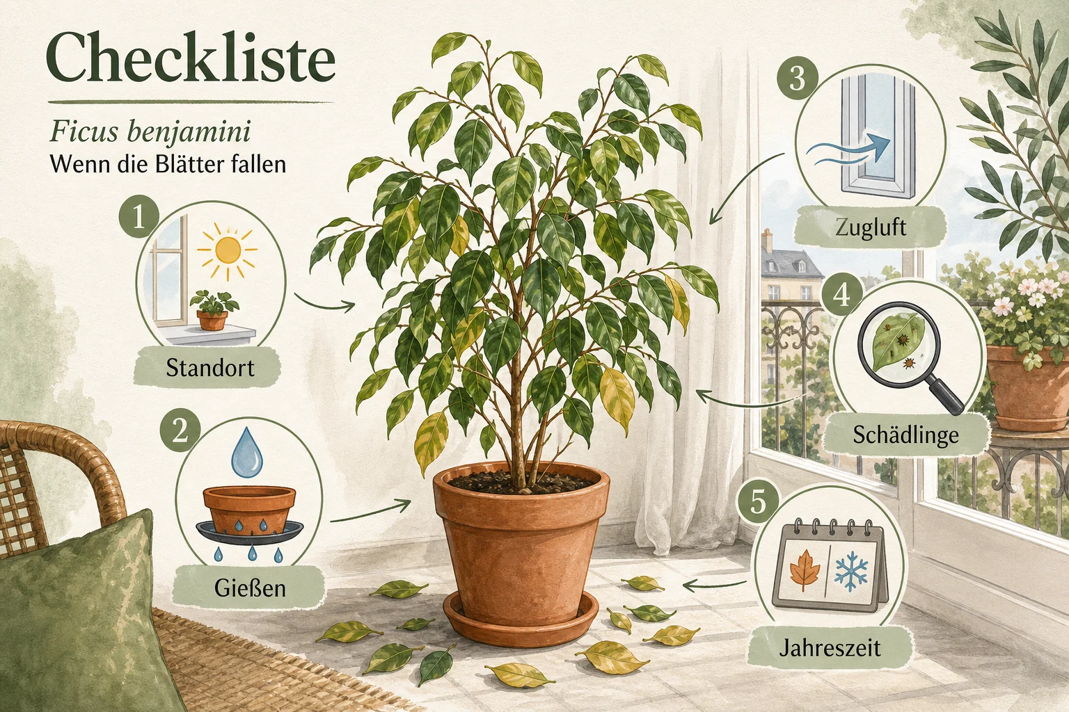 Infografik: Checkliste - Ficus benjamini Pflege: Blätter fallen? Ratgeber für gesunde Zimmerfeigen