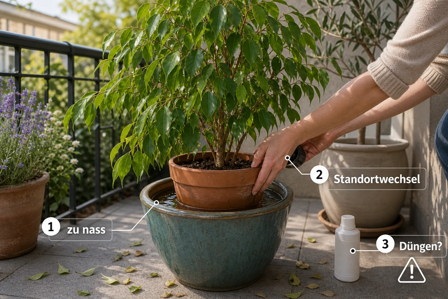 Erklärbild: Häufige Fehler - Ficus benjamini Pflege: Blätter fallen? Ratgeber für gesunde Zimmerfeigen