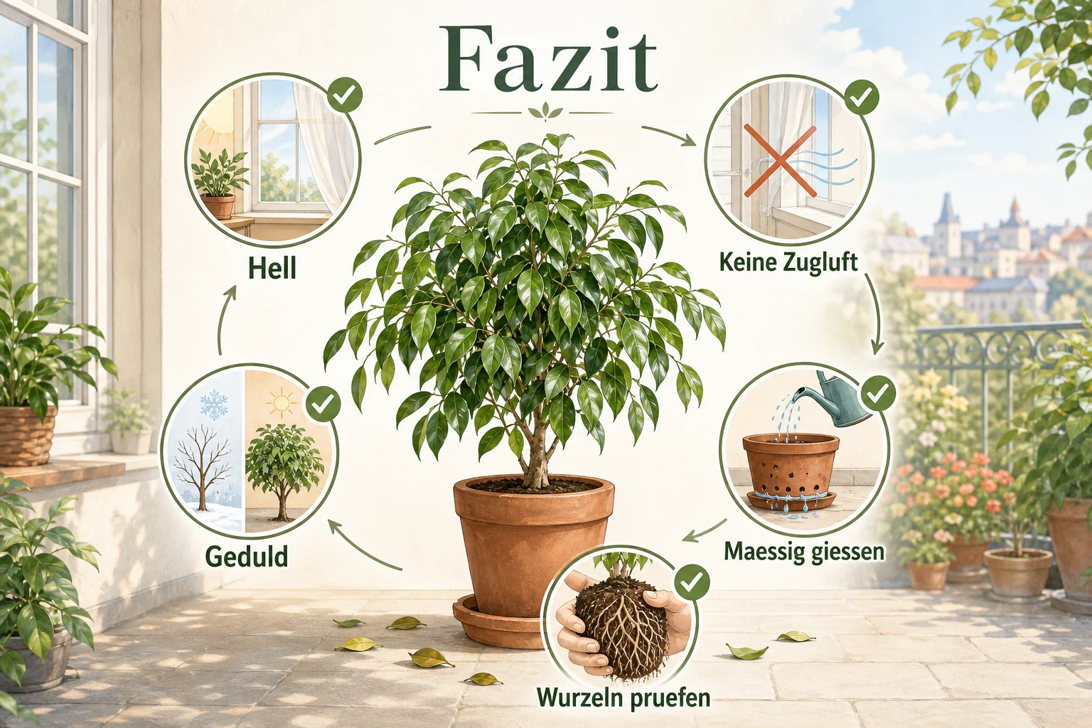 Infografik: Fazit - Ficus benjamini Pflege: Blätter fallen? Ratgeber für gesunde Zimmerfeigen